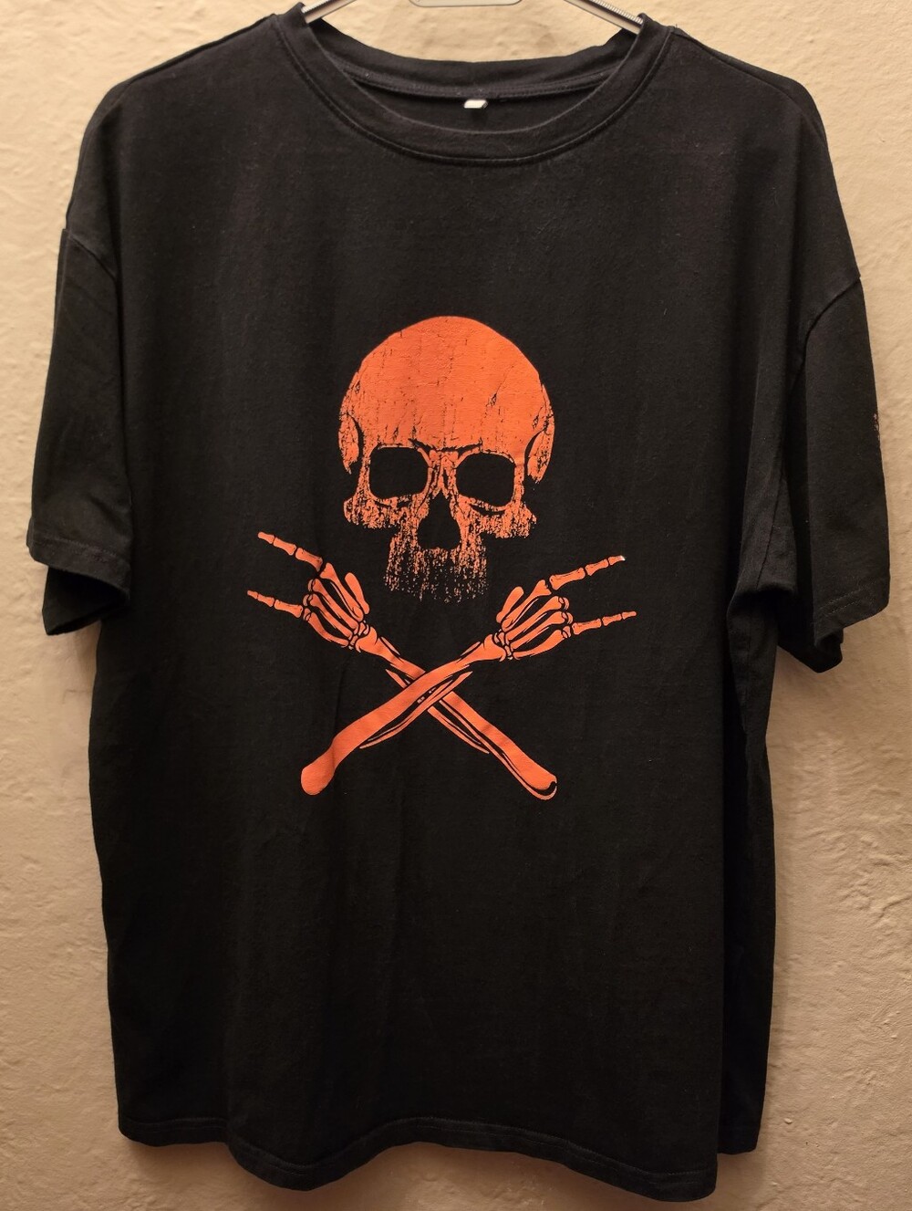 Skull Skeleton Hands Graphic Tee Black Orange Sleeve Print Goth Grunge Cotton